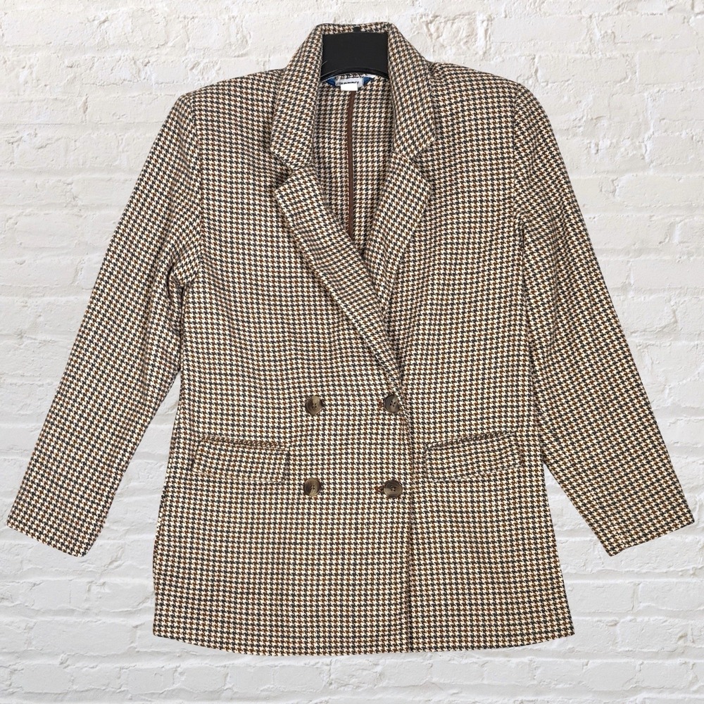 Old Navy Wool-Like Houndstooth Blazer Size XS Brown Blue Plaid Double Breasted